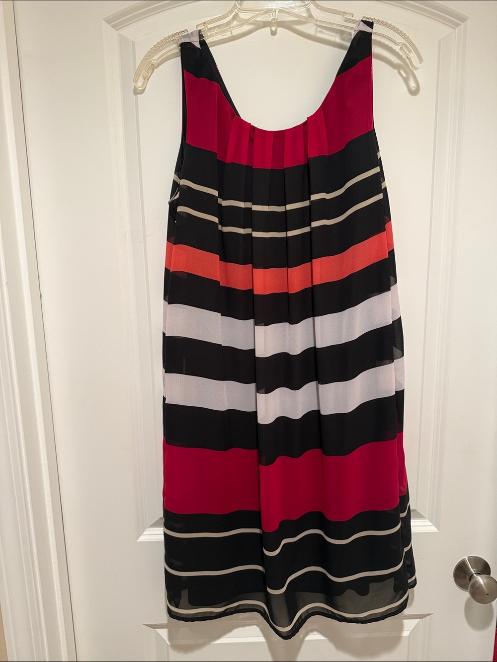New York and Company Sleeveless Striped Sheer Swing Dress in Black, Red & White